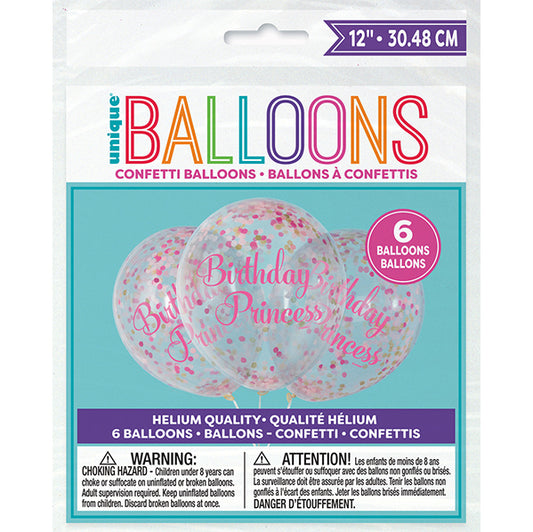 "Birthday Princess" Clear Balloons With Dark Pink, Light Pink & Gold Confetti Balloons 30cm (Pack of 6)