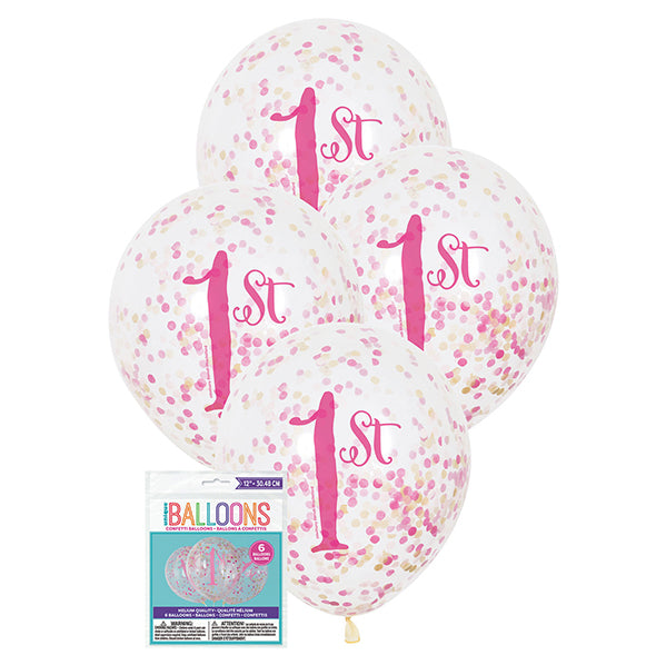 "1st Birthday" Clear Balloons With Dark Pink, Light Pink & Gold Confetti Balloons 30cm (Pack of 6)