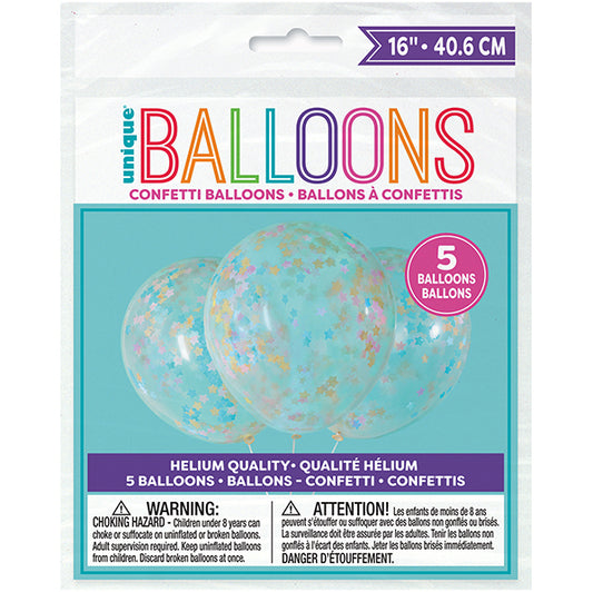 Clear Balloons With Pink, Blue & Gold Star Confetti Balloons 40cm (Pack of 5)