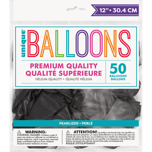 Ink Black Pearl Premium Balloons 30cm (Pack of 50)