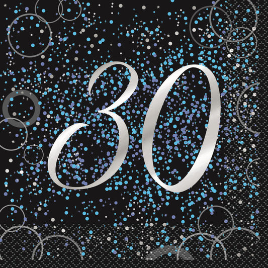 Glitz Blue "30" Foil Stamped Luncheon Napkins (Pack of 16)