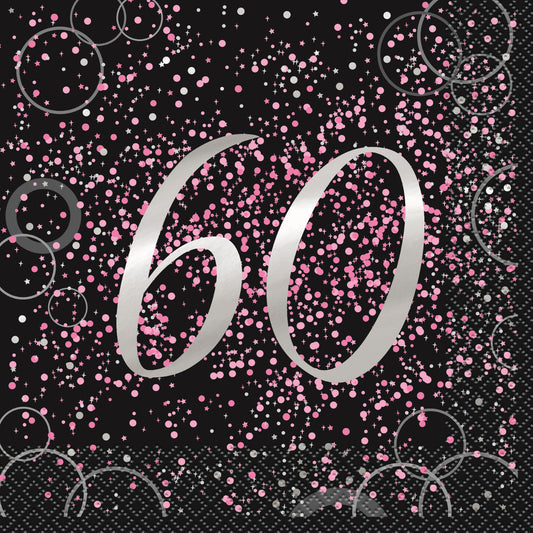 Glitz Pink "60" Foil Stamped Luncheon Napkins (Pack of 16)