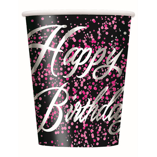 Glitz Pink "Happy Birthday" Foil Stamped Paper Cups 270ml (Pack of 8)