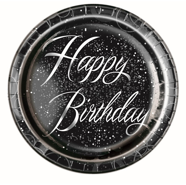 Glitz Silver "Happy Birthday" Foil Stamped Paper Plates 23cm (Pack of 8)