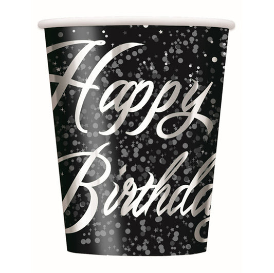 Glitz Silver "Happy Birthday" Foil Stamped Paper Cups 270ml (Pack of 8)