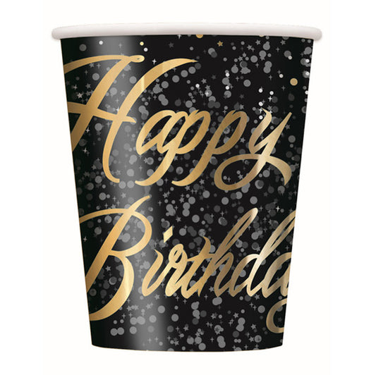 Glitz Gold "Happy Birthday" Foil Stamped Paper Cups 270ml (Pack of 8)