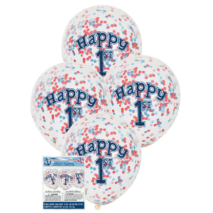 Nautical "1st Birthday" Clear Balloons With Red & Blue Confetti Balloons 30cm (Pack of 6)