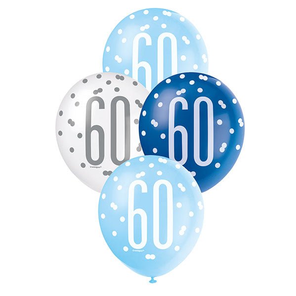 "60" Blue & White Assorted Balloons 30cm (Pack of 6) - The Party Marketplace