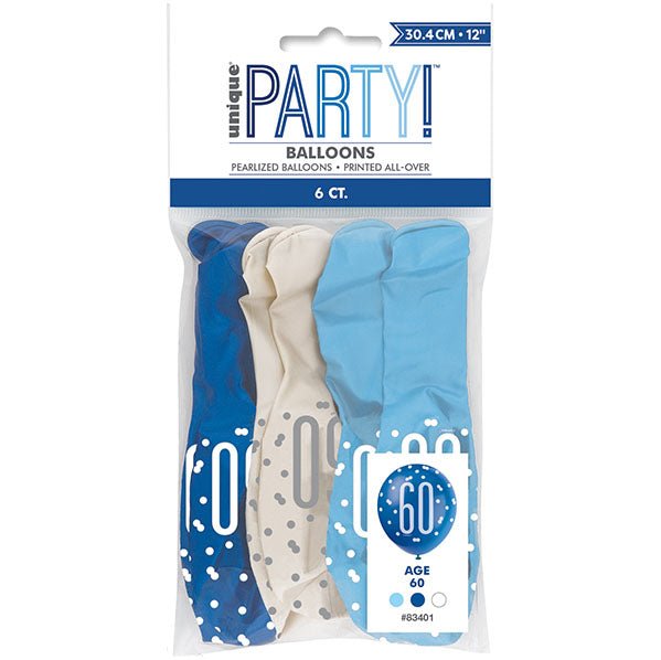 "60" Blue & White Assorted Balloons 30cm (Pack of 6) - The Party Marketplace