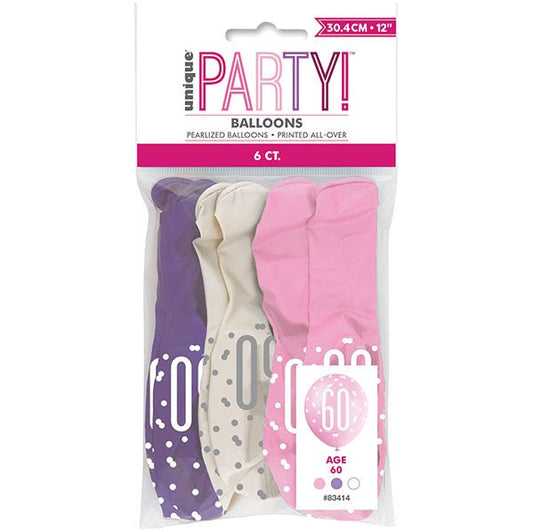 "60" Pink, Purple & White Assorted Balloons 30cm (Pack of 6) - The Party Marketplace