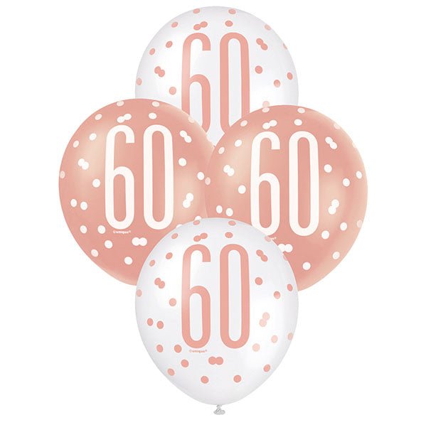 "60" Rose Gold & White Assorted Balloons 30cm (Pack of 6) - The Party Marketplace