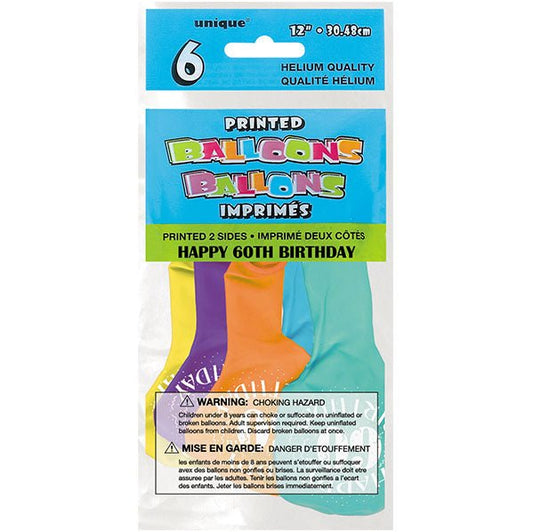 "60th Birthday" Assorted Colour Balloons 30cm (Pack of 6) - The Party Marketplace