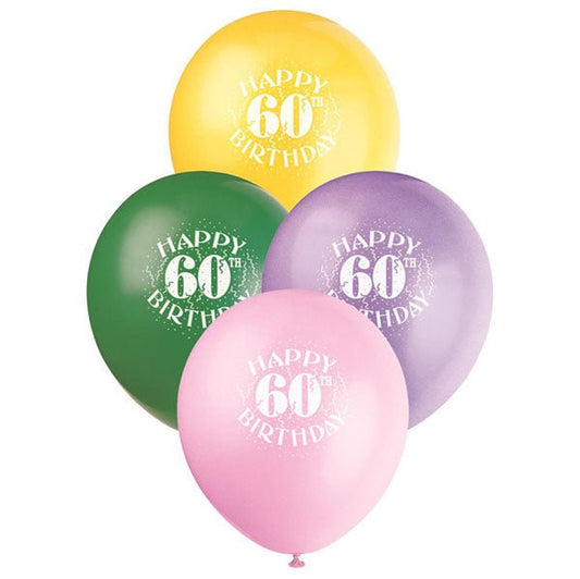 "60th Birthday" Assorted Colour Balloons 30cm (Pack of 6) - The Party Marketplace