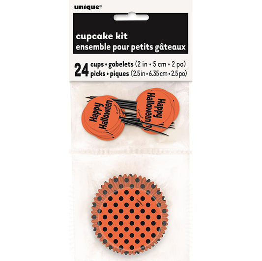 Dots Orange & Black "Happy Halloween" Cupcake Kit (For 24)