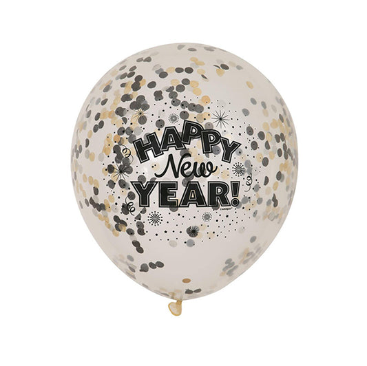 "Happy New Year" Clear Balloons With Silver, Gold & Black Confetti Balloons 30cm (Pack of 6)