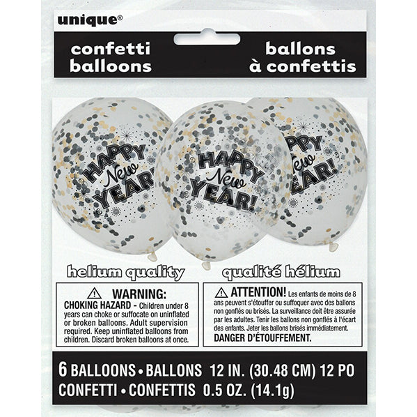 "Happy New Year" Clear Balloons With Silver, Gold & Black Confetti Balloons 30cm (Pack of 6)