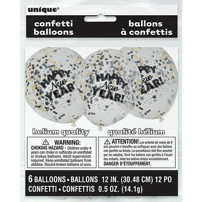 "Happy New Year" Clear Balloons With Silver, Gold & Black Confetti Balloons 30cm (Pack of 6)