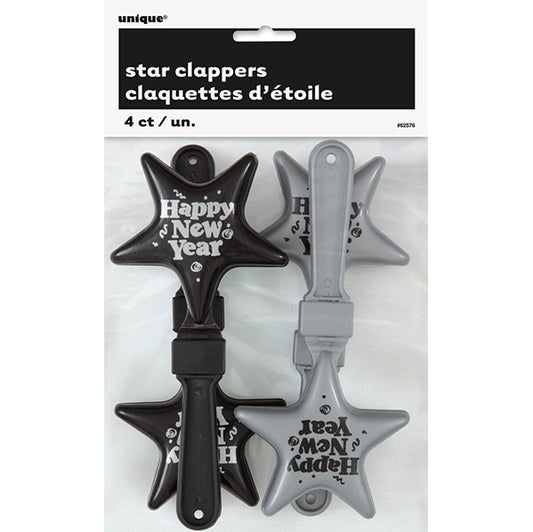 New Year Star Clappers - Black & Silver (Pack of 4)