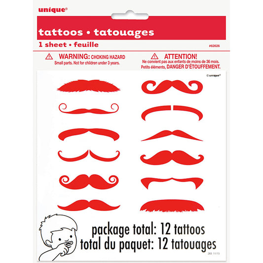 Red Moustache Finger Tattoos (Pack of 12)