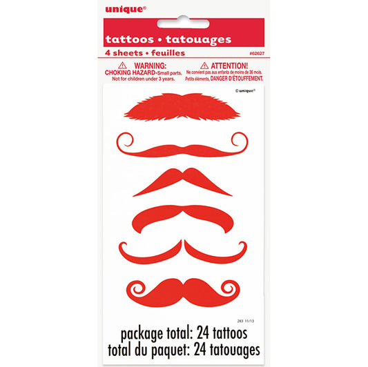 Red Moustache Tattoos (Pack of 24)