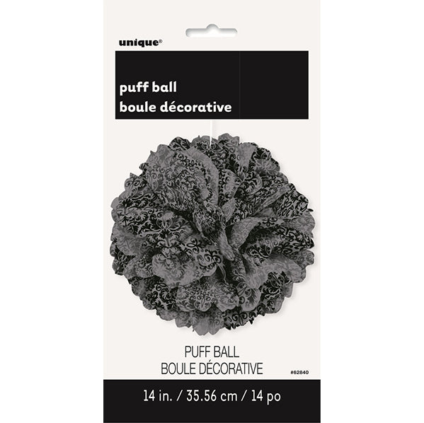 Puff Ball Decoration - Damask Black & Silver 35cm