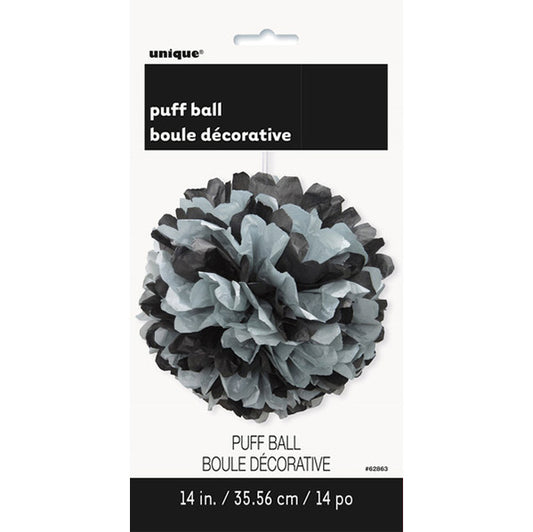 Puff Ball Decoration - Black & Silver 35cm