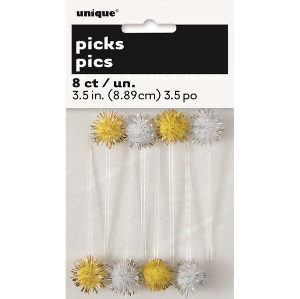 Pom Pom Picks - Silver & Gold (Pack of 8)