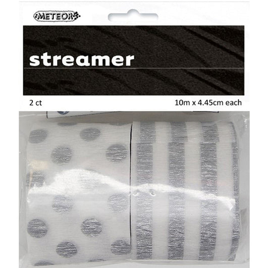 Crepe Streamers Stripes & Dots - Metallic Silver (Pack of 2)