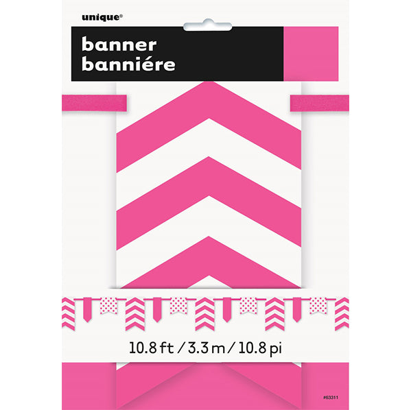 Dots, Stripes & Chevron Paper Pennant Banner - Hot Pink 3.6m