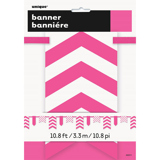 Dots, Stripes & Chevron Paper Pennant Banner - Hot Pink 3.6m