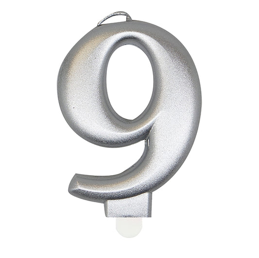 Metallic Silver Numeral Candle - 9