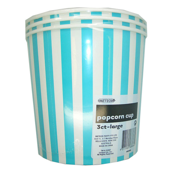 Stripes Caribbean Teal Paper Popcorn Cups - Large (Pack of 3)