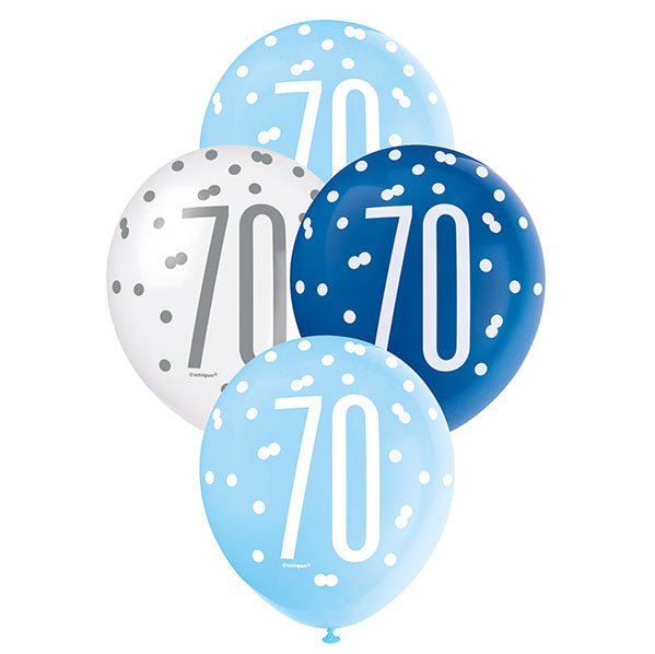 "70" Blue & White Assorted Balloons 30cm (Pack of 6) - The Party Marketplace