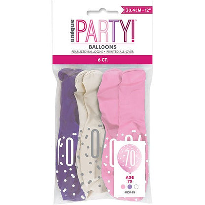 "70" Pink, Purple & White Assorted Balloons 30cm (Pack of 6) - The Party Marketplace