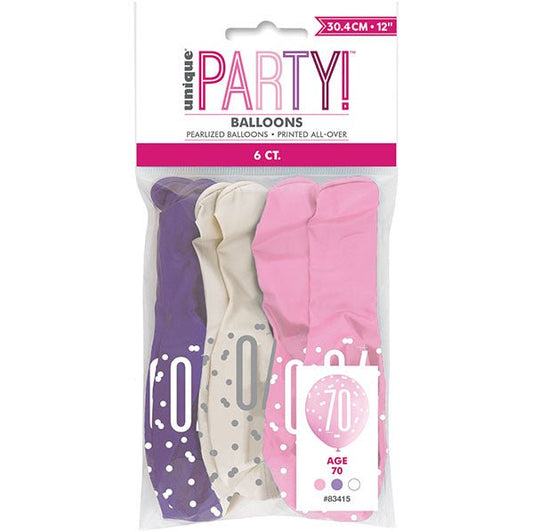 "70" Pink, Purple & White Assorted Balloons 30cm (Pack of 6) - The Party Marketplace