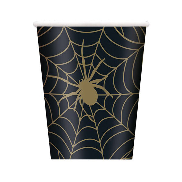 Black & Gold Spider Web Paper Cups 270ml (Pack of 8)