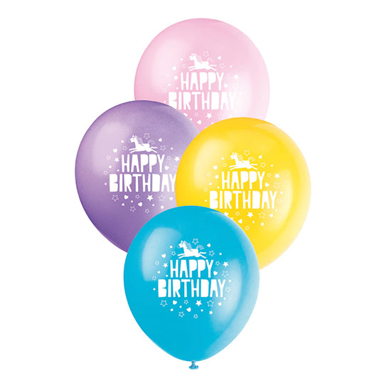 Unicorn Birthday Balloons - Assorted Colours (Pack of 8)