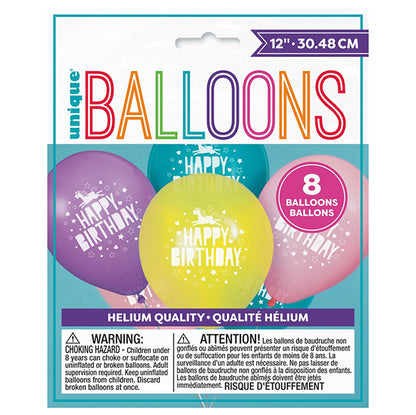 Unicorn Birthday Balloons - Assorted Colours (Pack of 8)