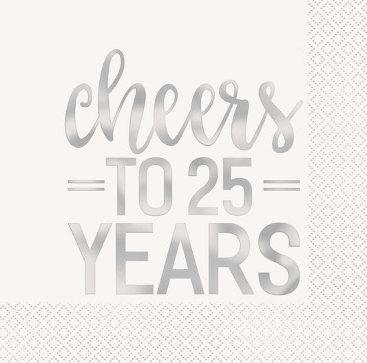 "Cheers To 25 Years" Silver Foil Stamped Luncheon Napkins (Pack of 16)