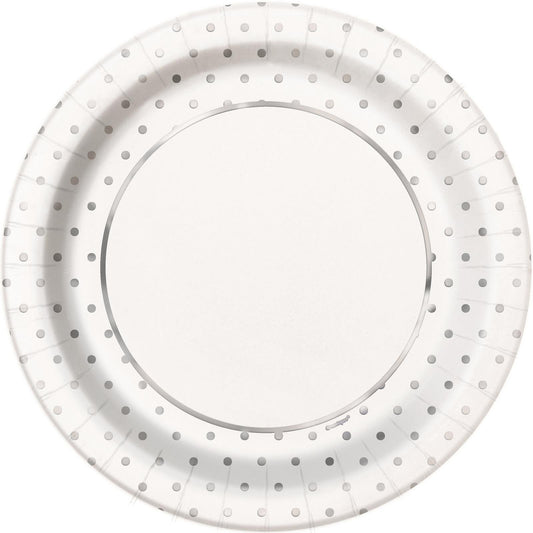 Foil Stamped Mini Dots Silver Paper Plates 23cm (Pack of 8)