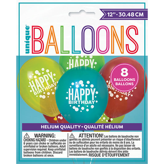 Rainbow Spots "Happy Birthday" Assorted Colour Balloons 30cm (Pack of 8)