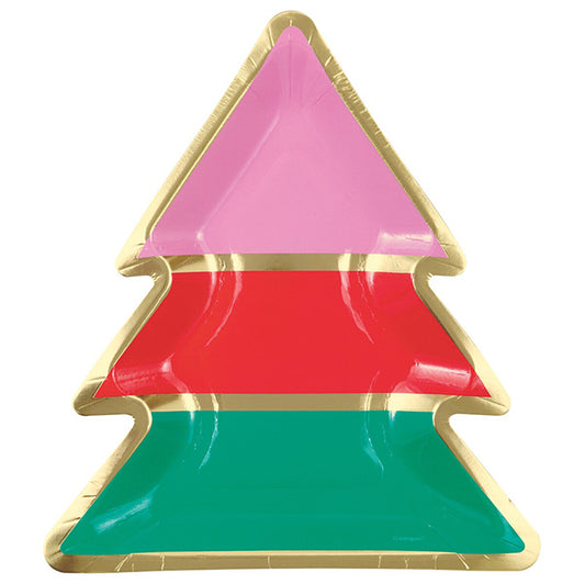 Vibrant Christmas Foil Stamped Tree Shaped Paper Plates (Pack of 8)