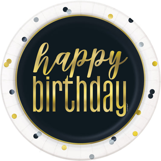 Metallic "Happy Birthday" Foil Stamped Paper Plates 23cm (Pack of 8)