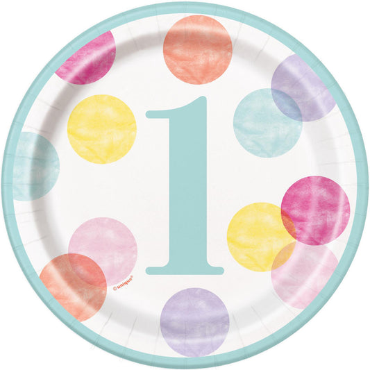 Pink Dots 1st Birthday Paper Plates 18cm (Pack of 8)