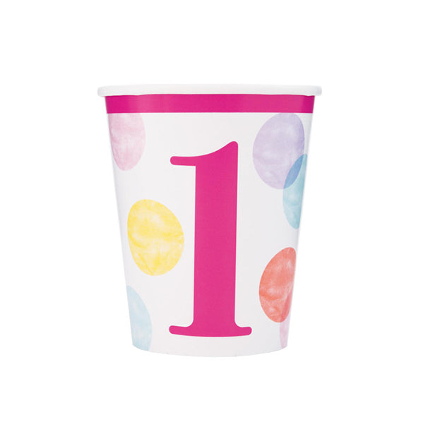 Pink Dots 1st Birthday Paper Cups 270ml (Pack of 8)