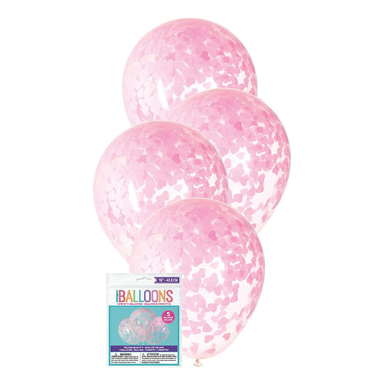 Clear Balloons With Lovely Pink Heart Confetti Balloons 40cm (Pack of 5)