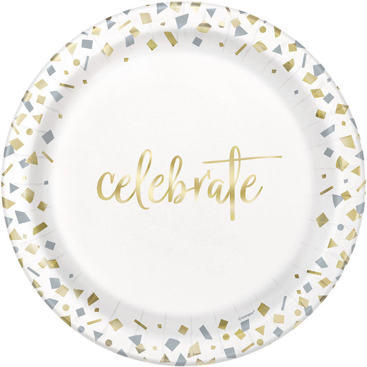 Gold Foil Stamped Confetti "Celebrate" Paper Plates 23cm (Pack of 10)