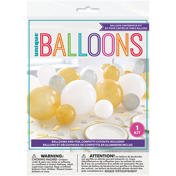 Balloon & Confetti Centrepiece Kit - Gold, White & Silver (20 piece set)