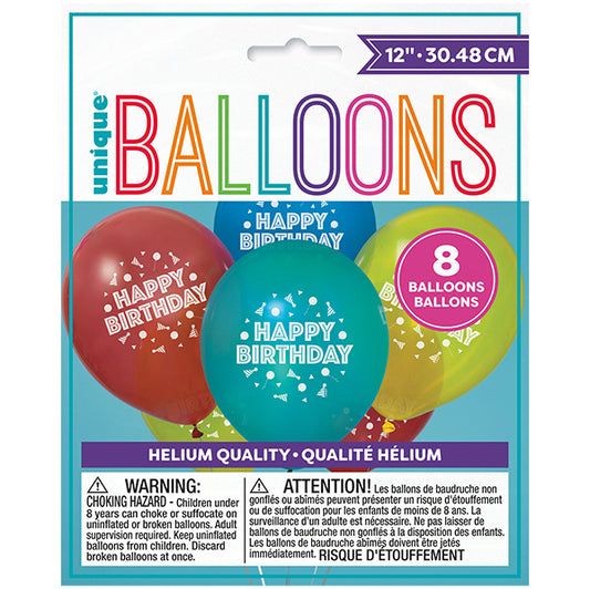 Peppy Birthday "Happy Birthday" Assorted Colour Balloons 30cm (Pack of 8)