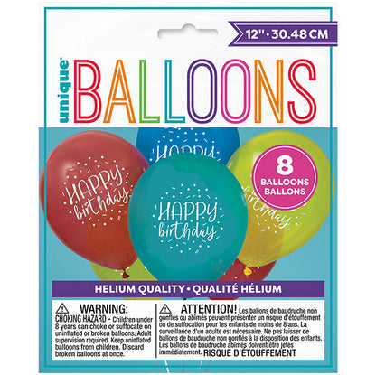 Balloon Party "Happy Birthday" Assorted Colour Balloons 30cm (Pack of 8)